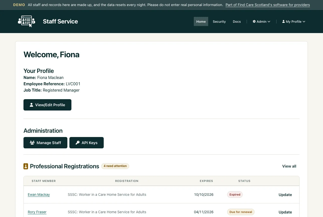 The staff dashboard, showing professional registrations that are expired or due for renewal, with the staff member, registration, expiry date and status.
